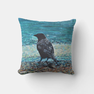 Crow on the Beach Painting Throw Pillow