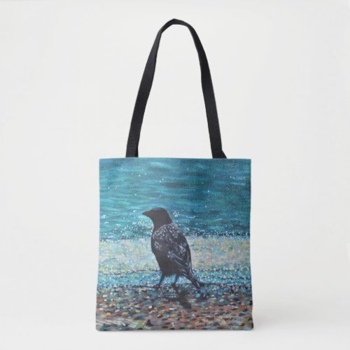 Crow on the Beach Painting Tote Bag