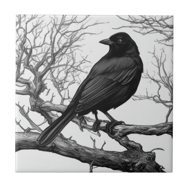 Crow Perched on Bare Winter Branches Ceramic Tile (Front)