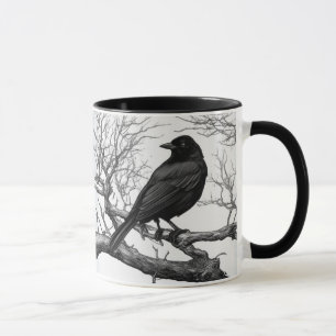Crow Perched on Bare Winter Branches Mug