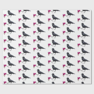 Crow Pink Flower Wrapping Paper
