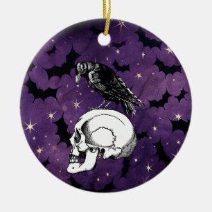 Crow Raven and Skull Halloween Purple Stars Bats Ceramic Ornament