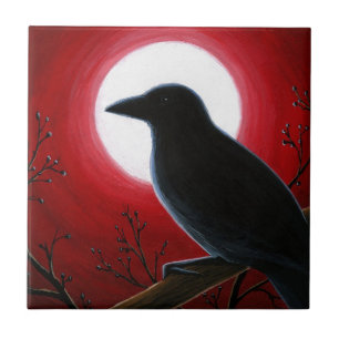 Crow Raven Bird 62 Moon Red Ceramic Tile