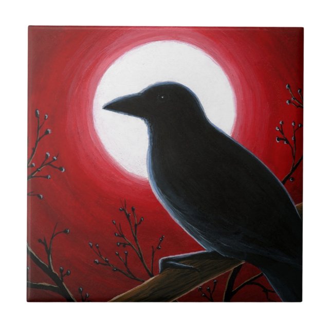 Crow Raven Bird 62 Moon Red Ceramic Tile (Front)