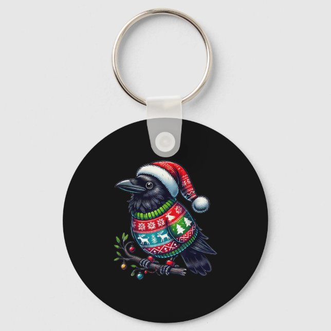 Crow Raven Bird Ugly Sweater Santa Hat Christmas  Keychain (Front)