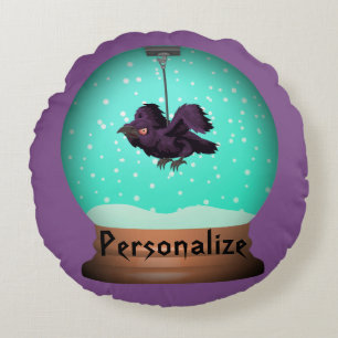 Crow raven black purple teal fall snow globe round pillow
