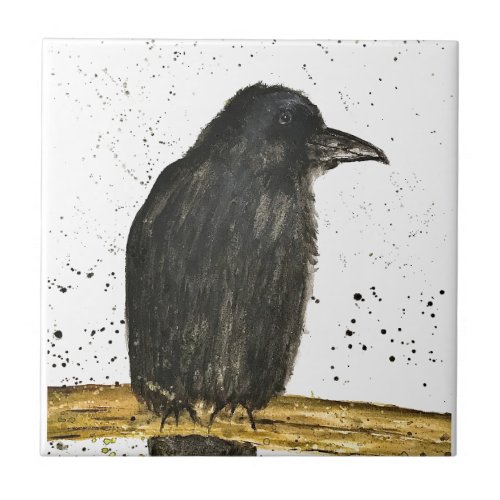 Crow Raven Black rustic vintage Watercolor bird Ceramic Tile