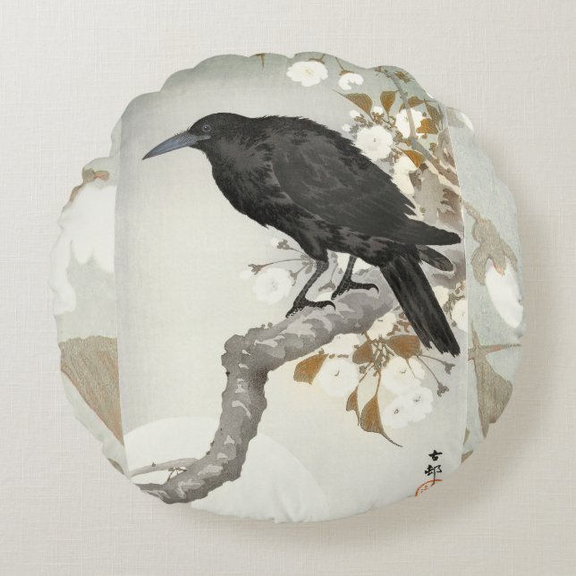 Crow Raven Koson Japanese Bird Round Pillow (Front)