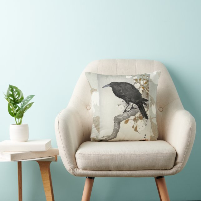 Crow Raven Koson Japanese Bird Throw Pillow (Chair)