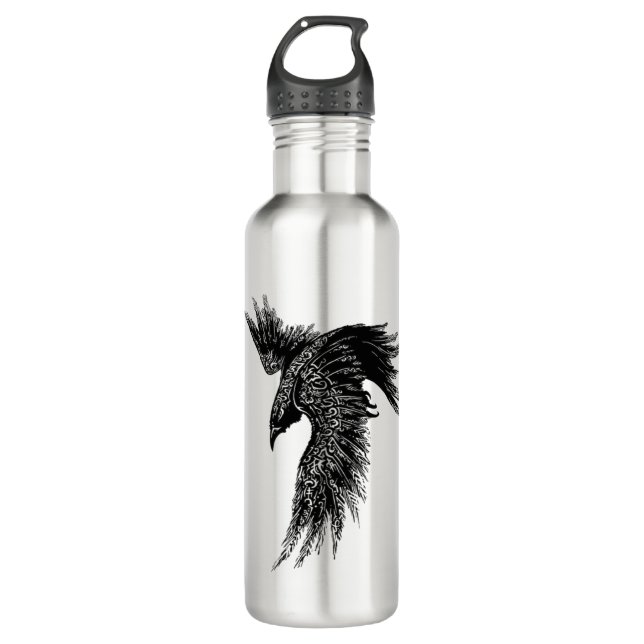 Crow Raven Norse Viking Symbol Stainless Steel Water Bottle (Front)