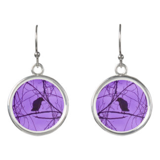 Crow Silhouette on Black Tree Branches Purple Sky Earrings