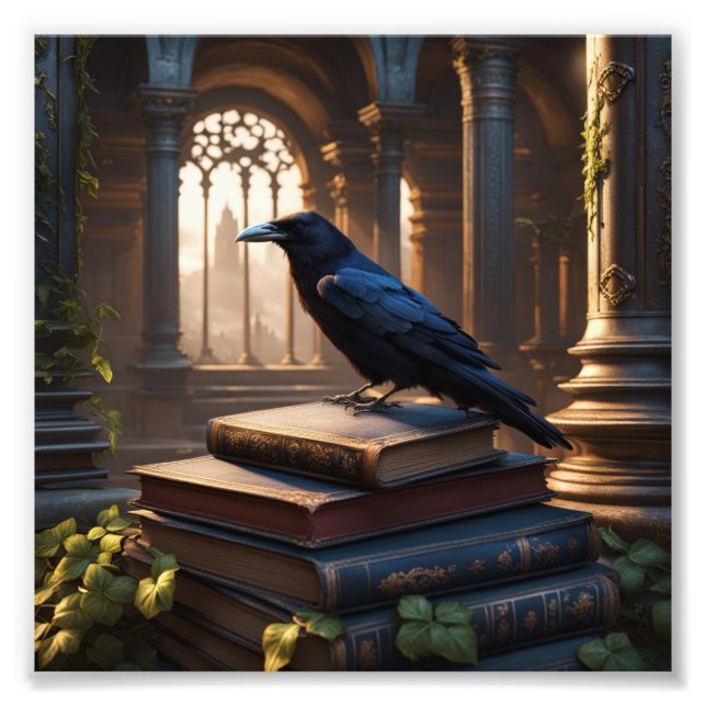 Crow Sitting on Ancient Books in a Church Photo Print (Front)