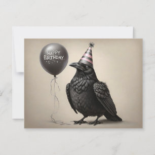 Crow staring at happy birthday balloon charcoal postcard