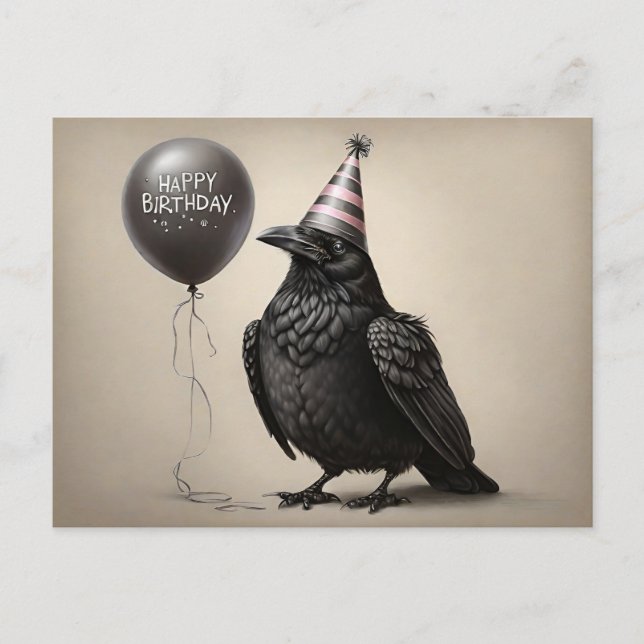 Crow staring at happy birthday balloon charcoal postcard (Front)