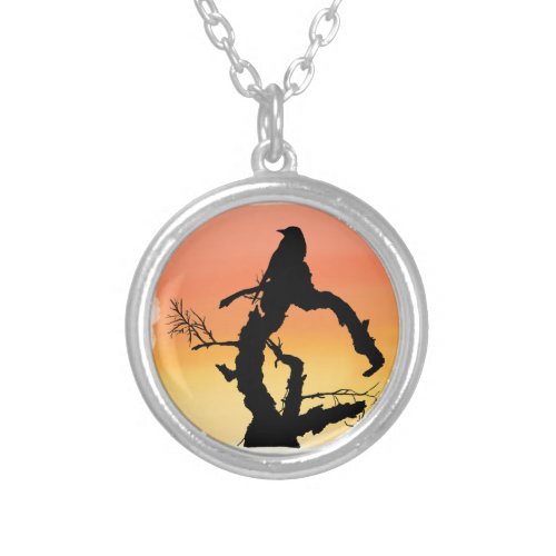 Crow Sunset Silhouette  Silver Plated Necklace
