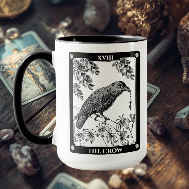 Crow Tarot Card Mug – Witchy & Mystical Coffee Cup (Crow Tarot Card Mug Black and White
)