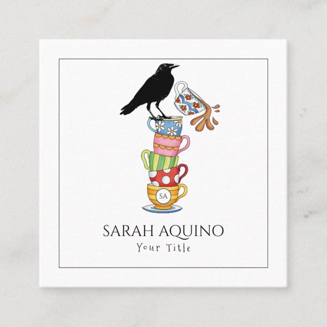 Crow & Tea Cups Art Whimsical Square Business Card (Front)