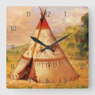 Crow Teepee Wigwam, George Catlin Art Square Wall Clock