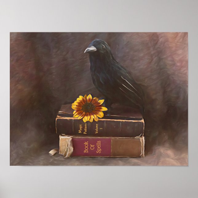 Crow Vintage Gothic Old Books Sunflower Art Poster (Front)