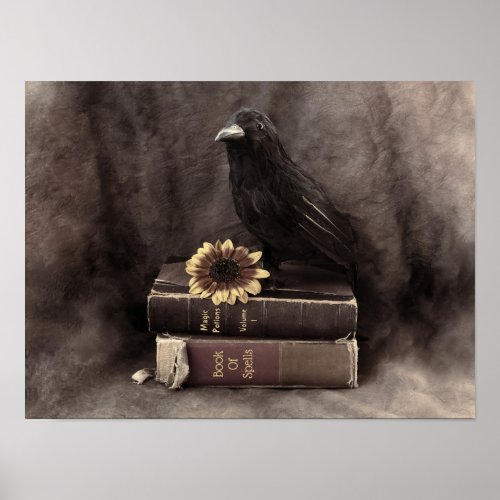 Crow Vintage Gothic Old Books Sunflower Poster