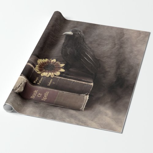 Crow Vintage Gothic Old Books Sunflower Wrapping Paper