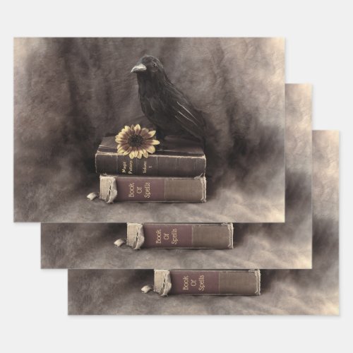 Crow Vintage Gothic Old Books Sunflower Wrapping Paper Sheets