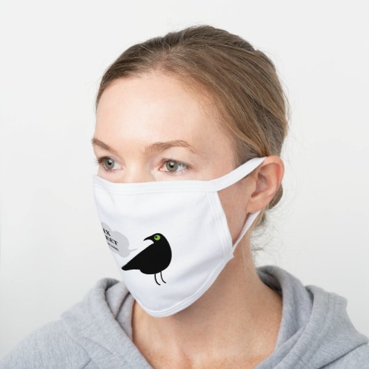 Crow with Six Feet Message White Cotton Face Mask (Angled)