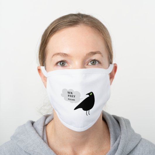 Crow with Six Feet Message White Cotton Face Mask (Worn)