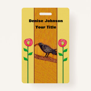 Crow With Two Abstract Red Flowers on Stems Yellow Badge