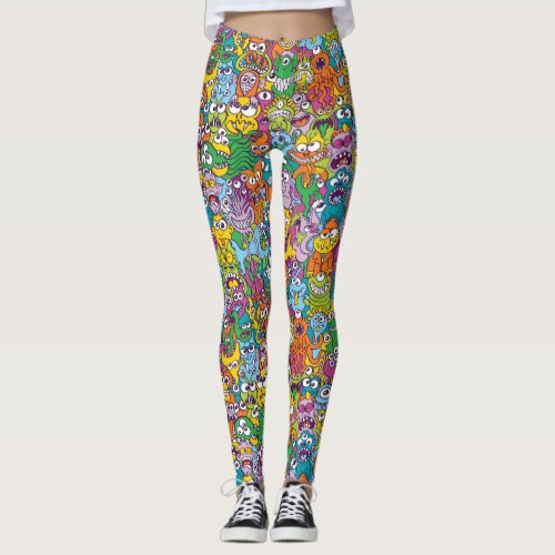 Crowd of colorful Halloween monsters and creatures Leggings