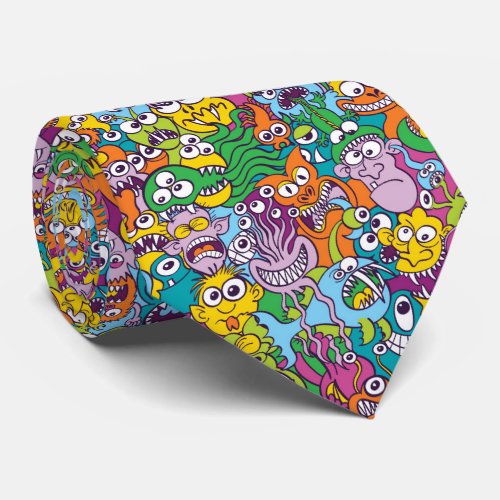 Crowd of colorful Halloween monsters and creatures Neck Tie