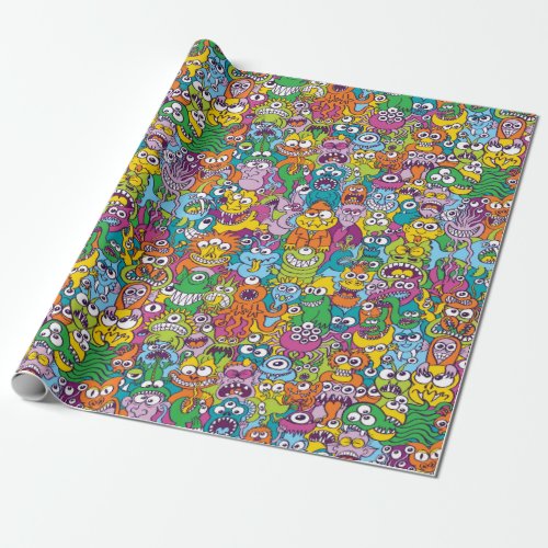 Crowd of colorful Halloween monsters and creatures Wrapping Paper