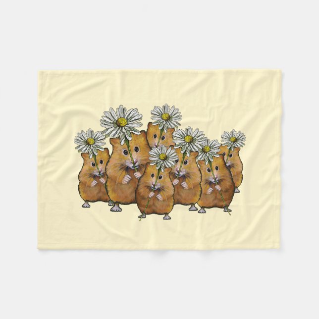 Crowd of Cute Hamsters Holding Daisies: Art Fleece Blanket (Front (Horizontal))