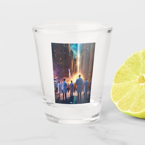 Crowd of doctors in the street shot glass