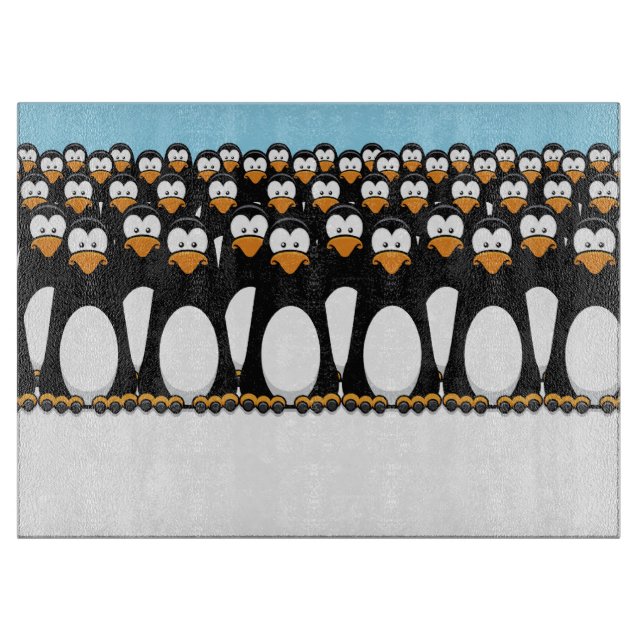 Crowd of Funny Cartoon Penguins on Snow Cutting Board (Front)