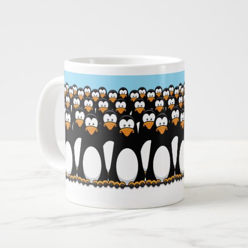 Crowd of Funny Cartoon Penguins on Snow Giant Coffee Mug