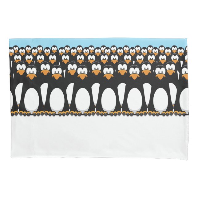 Crowd of Funny Cartoon Penguins on Snow Pillow Case (Front)