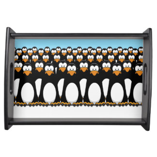 Crowd of Funny Cartoon Penguins on Snow Serving Tray