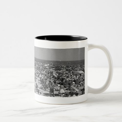 Crowd of people on beach BW elevated view Two_Tone Coffee Mug