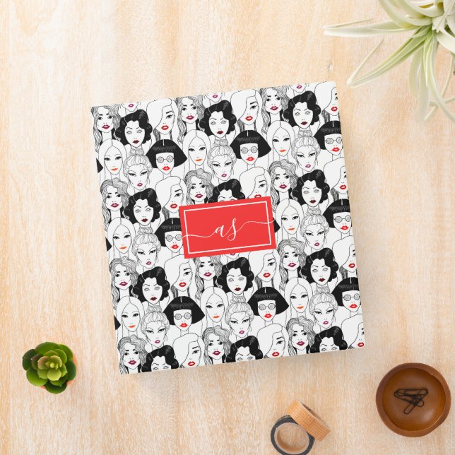 Crowd of Retro Women Vogue Red Lips Monogrammed 3 Ring Binder (In Situ)