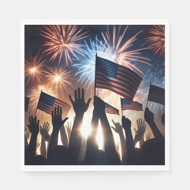 Crowd With American Flags and Fireworks Napkins (Front)