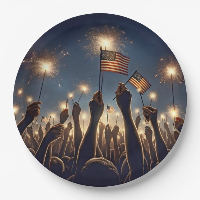 Crowd With American Flags and Sparklers Paper Plates (Front)