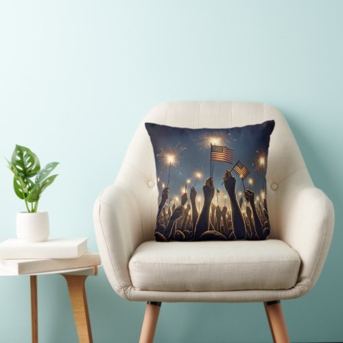 Crowd With American Flags and Sparklers Throw Pillow