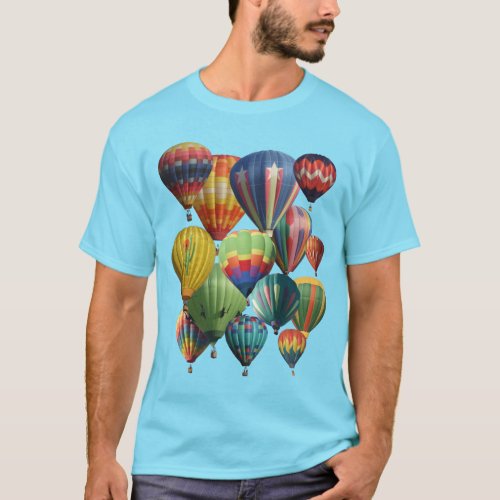 Crowded Colorful Hot Air Balloons on Blue T_Shirt