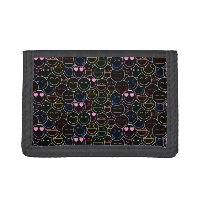 Crowded Neon Emoticon Wallet – Retro Vibes! (Front)