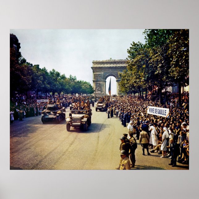 Crowds of French Patriots line the Champs Elysees Poster (Front)