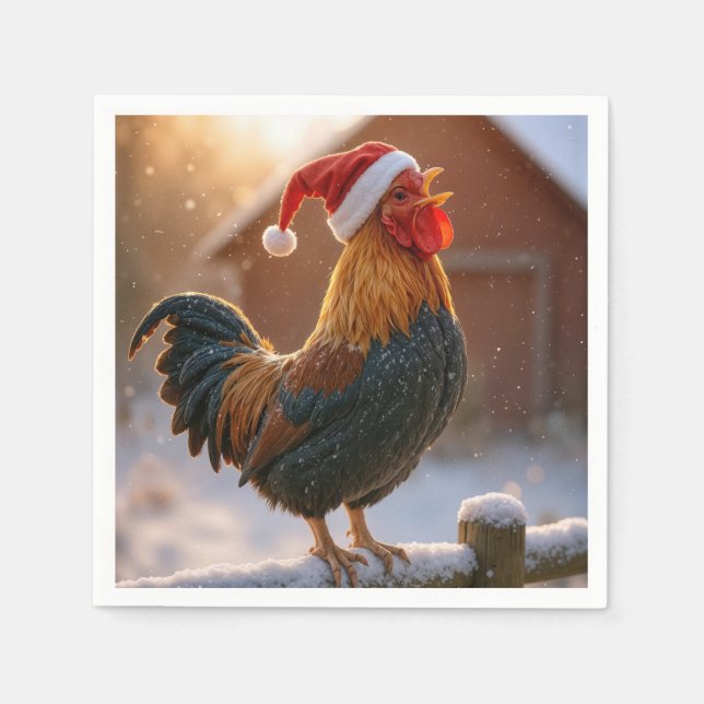 Crowing Christmas Rooster Wearing a Santa Hat Napkins (Front)