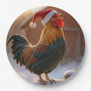 Crowing Christmas Rooster Wearing a Santa Hat Paper Plates