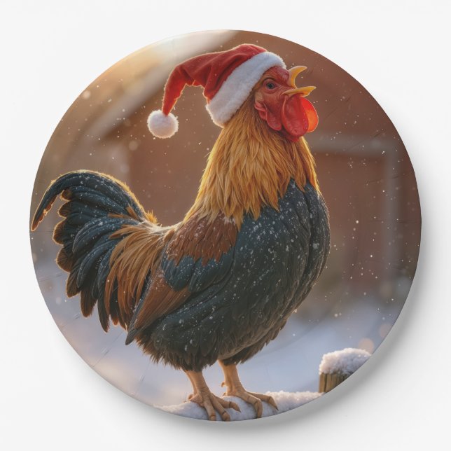Crowing Christmas Rooster Wearing a Santa Hat Paper Plates (Front)