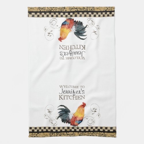 Crowing Rooster Black  Tan Check Swirl Kitchen Kitchen Towel